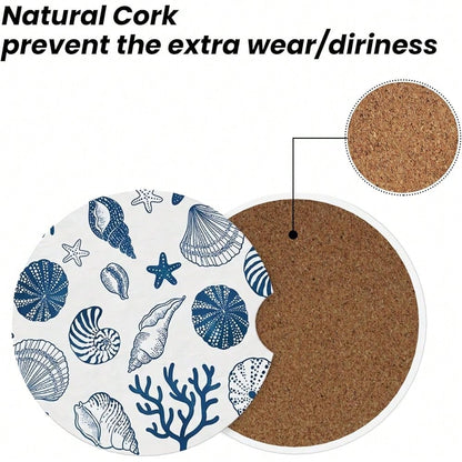 NEW- Absorbent Car Coasters For Cup Holders, 2 Pack Universal Anti Slip Ceramic Cup Coaster For Women Men 2.56 Inch Car Interior Accessories- Blue Sea Shell 013