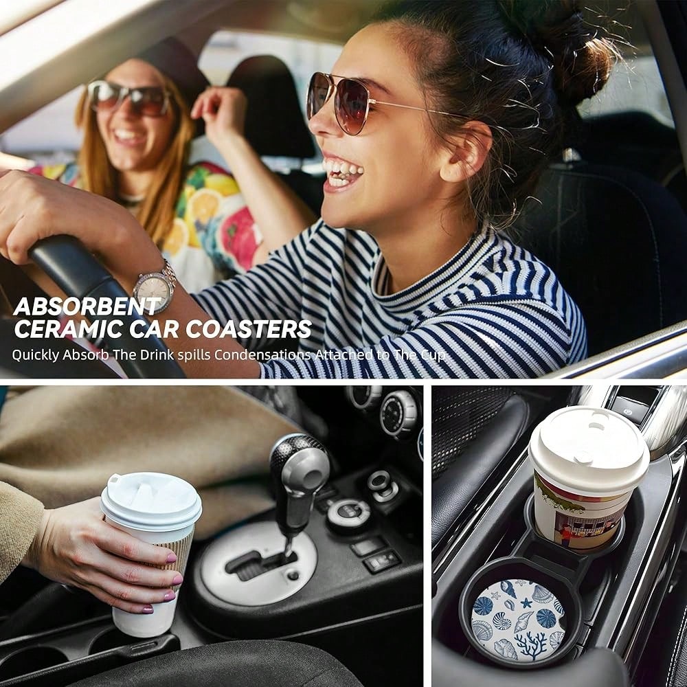 NEW- Absorbent Car Coasters For Cup Holders, 2 Pack Universal Anti Slip Ceramic Cup Coaster For Women Men 2.56 Inch Car Interior Accessories- Blue Sea Shell 013