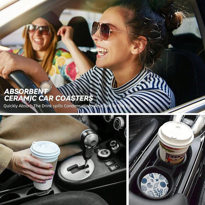 NEW- Absorbent Car Coasters For Cup Holders, 2 Pack Universal Anti Slip Ceramic Cup Coaster For Women Men 2.56 Inch Car Interior Accessories- Blue Sea Shell 013