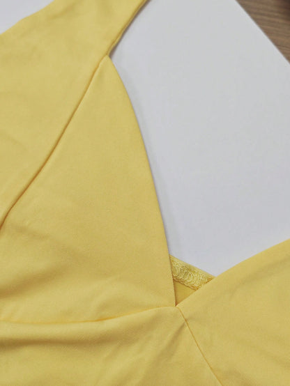 New American Retro Sports Y2K Elastic Knit Fitted Crop Top + Bodycon Mini Skirt 2pcs Set Summer Yellow