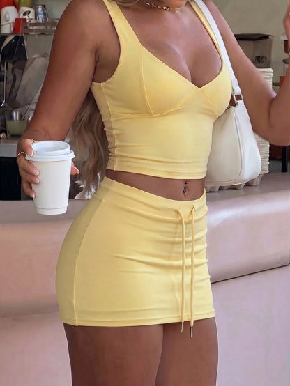 New American Retro Sports Y2K Elastic Knit Fitted Crop Top + Bodycon Mini Skirt 2pcs Set Summer Yellow