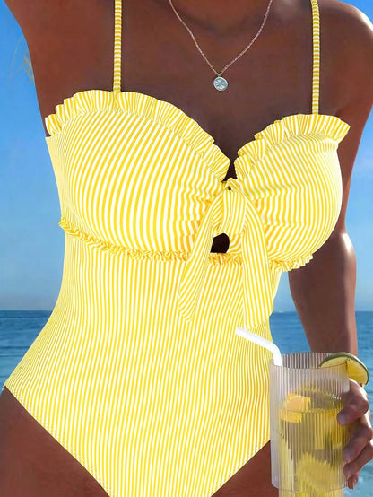 New Arrival Fashion Printed Lace Removable Strap Bow Decor One-Piece Swimsuit For Beach & Pool Party Vacation Summer, Resort Wear Yellow, Vacationcore