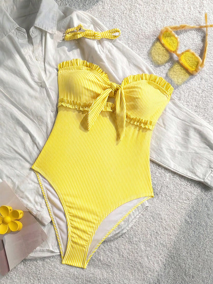 New Arrival Fashion Printed Lace Removable Strap Bow Decor One-Piece Swimsuit For Beach & Pool Party Vacation Summer, Resort Wear Yellow, Vacationcore