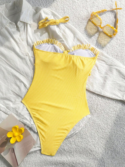 New Arrival Fashion Printed Lace Removable Strap Bow Decor One-Piece Swimsuit For Beach & Pool Party Vacation Summer, Resort Wear Yellow, Vacationcore