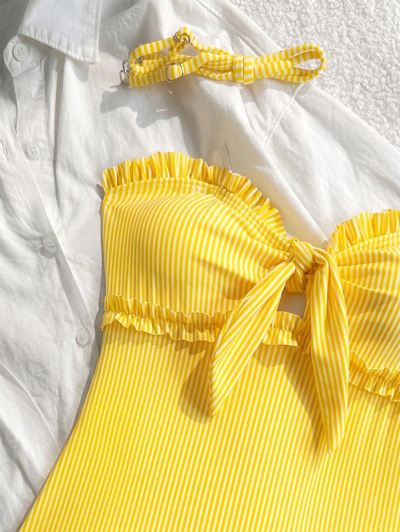 New Arrival Fashion Printed Lace Removable Strap Bow Decor One-Piece Swimsuit For Beach & Pool Party Vacation Summer, Resort Wear Yellow, Vacationcore