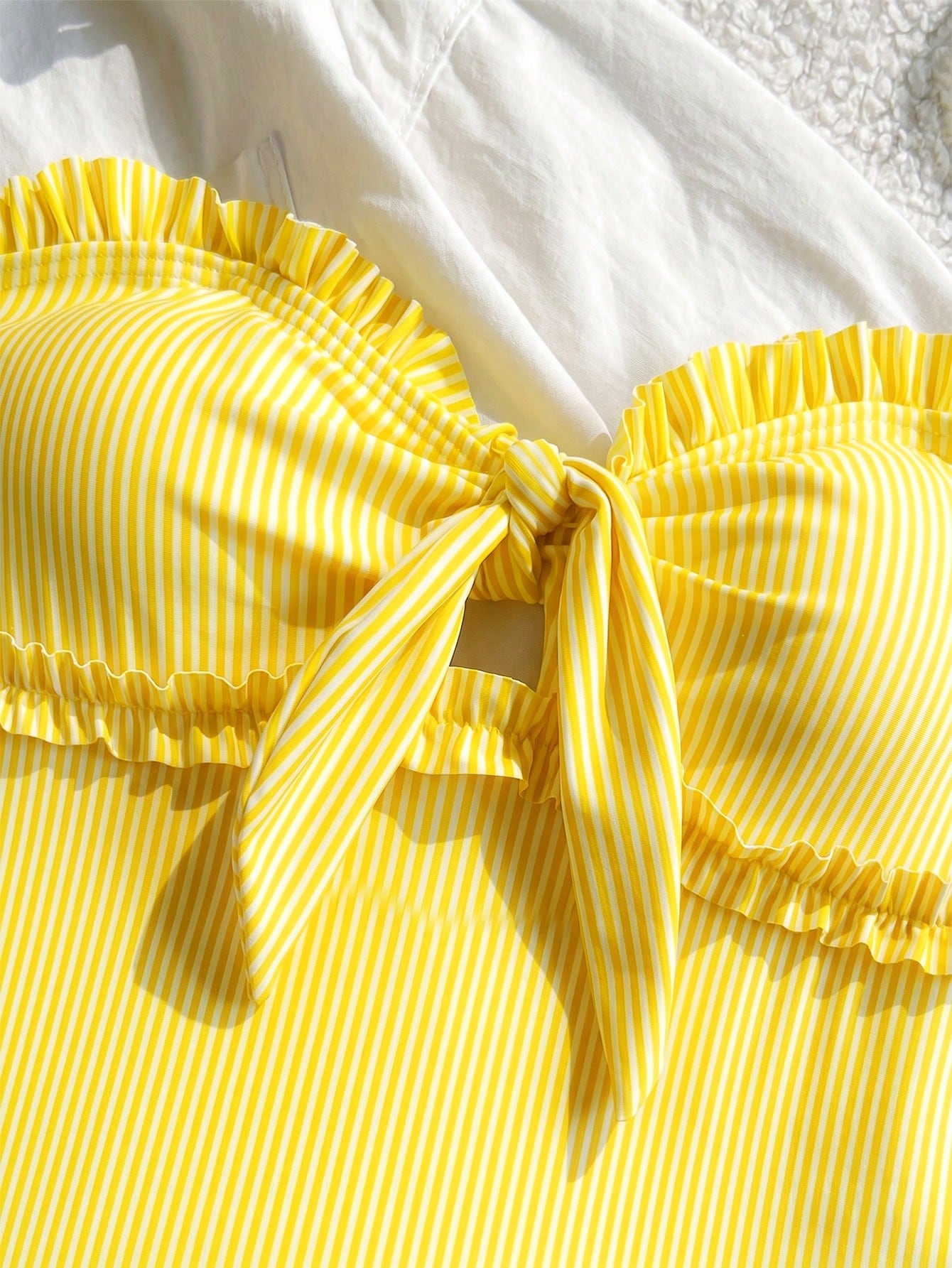 New Arrival Fashion Printed Lace Removable Strap Bow Decor One-Piece Swimsuit For Beach & Pool Party Vacation Summer, Resort Wear Yellow, Vacationcore