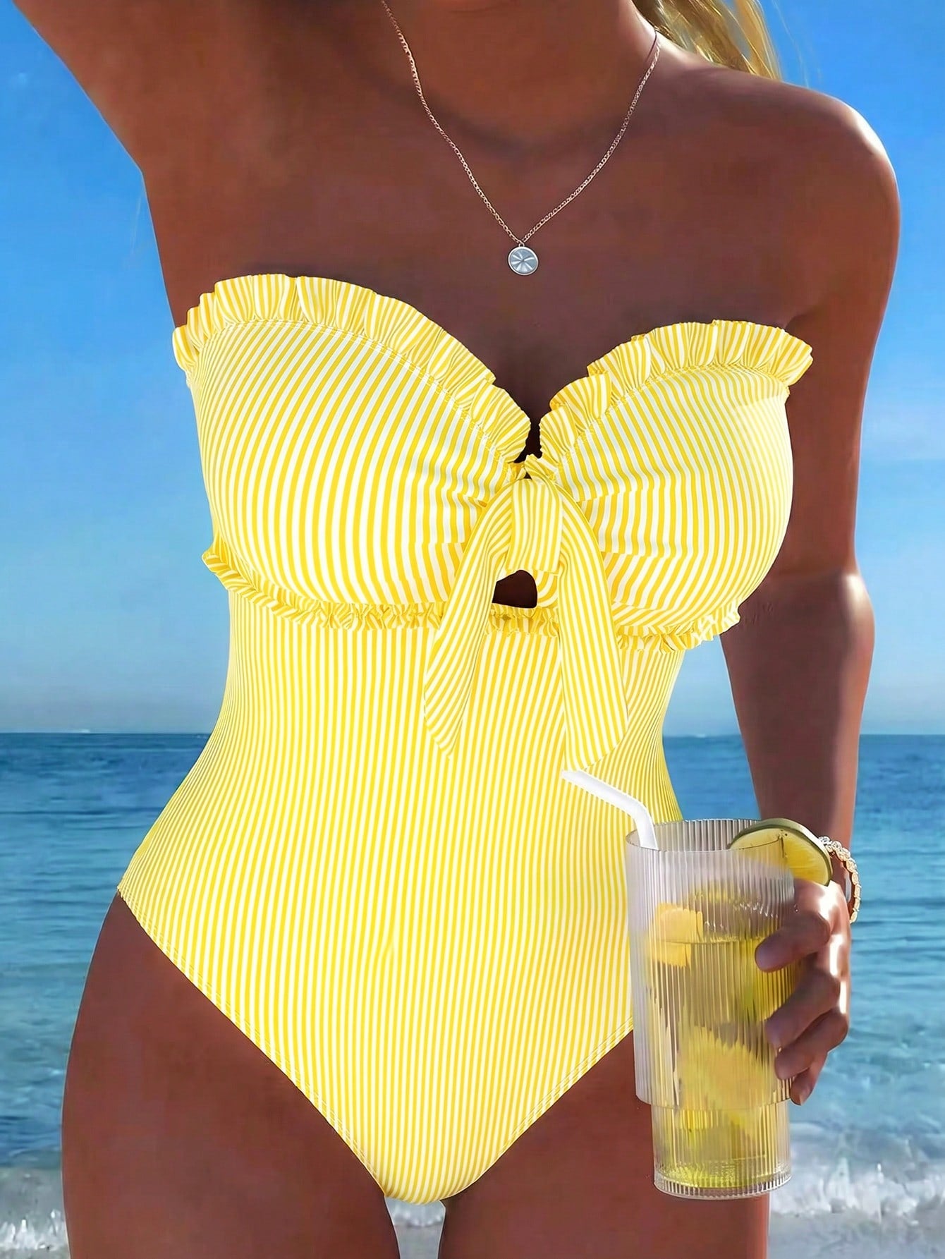 New Arrival Fashion Printed Lace Removable Strap Bow Decor One-Piece Swimsuit For Beach & Pool Party Vacation Summer, Resort Wear Yellow, Vacationcore