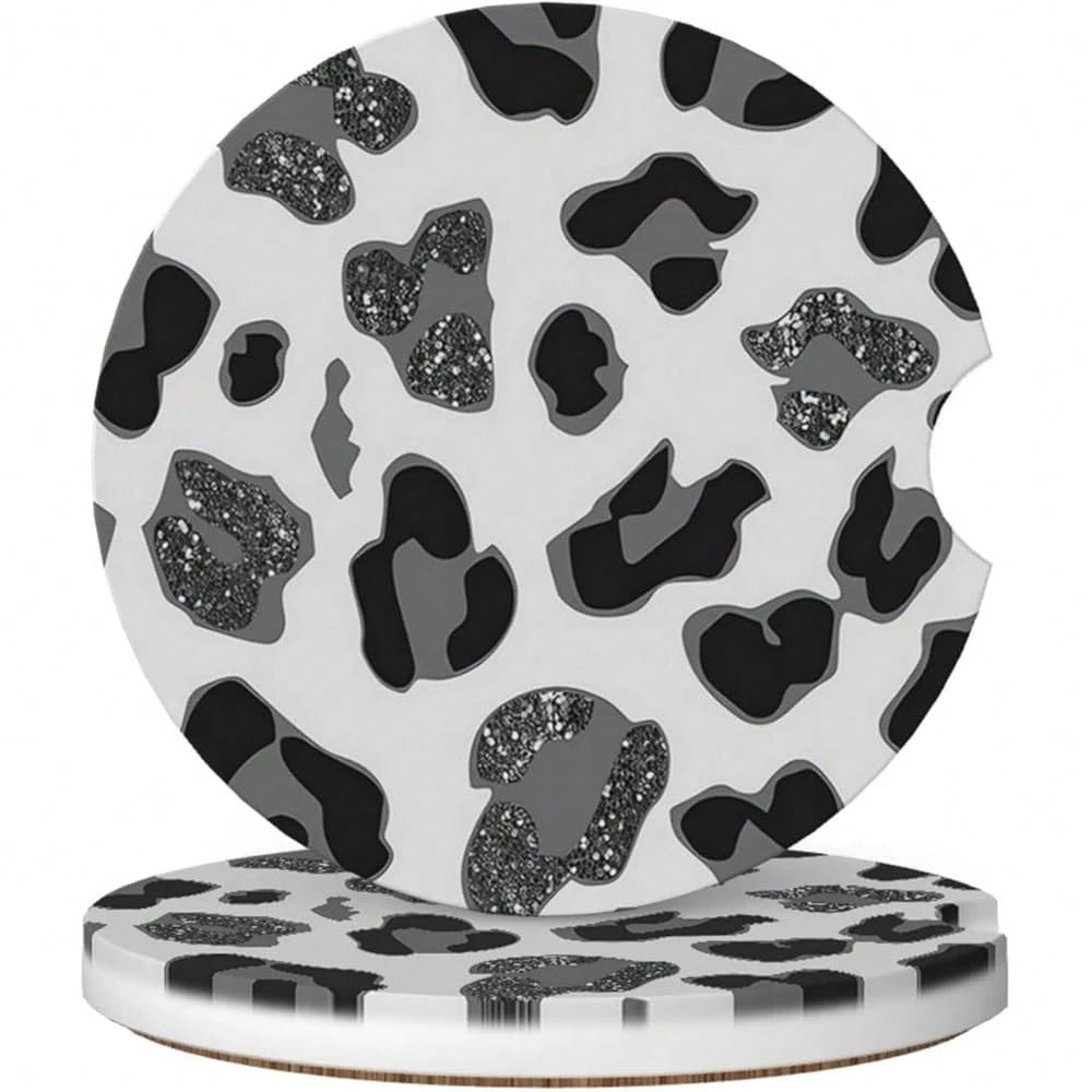 NEW- Car Coasters For Cup Holders, 2 Pack Absorbent Ceramics Anti Slip Universal 2.56 Inch Car Cup Coaster For Women Men, Car Interior Accessories- Grey Leopard Cheetah Print