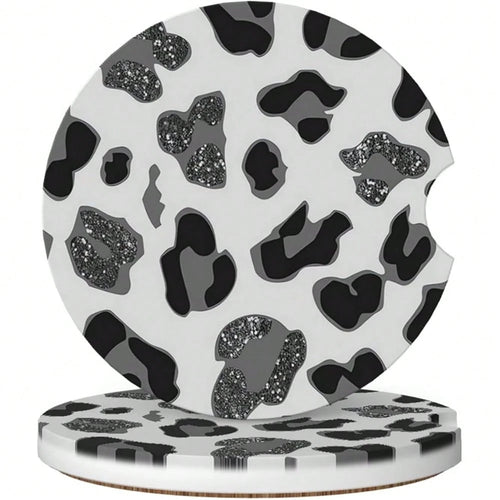 NEW- Car Coasters For Cup Holders, 2 Pack Absorbent Ceramics Anti Slip Universal 2.56 Inch Car Cup Coaster For Women Men, Car Interior Accessories- Grey Leopard Cheetah Print