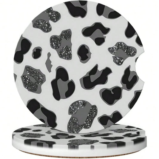 NEW- Car Coasters For Cup Holders, 2 Pack Absorbent Ceramics Anti Slip Universal 2.56 Inch Car Cup Coaster For Women Men, Car Interior Accessories- Grey Leopard Cheetah Print