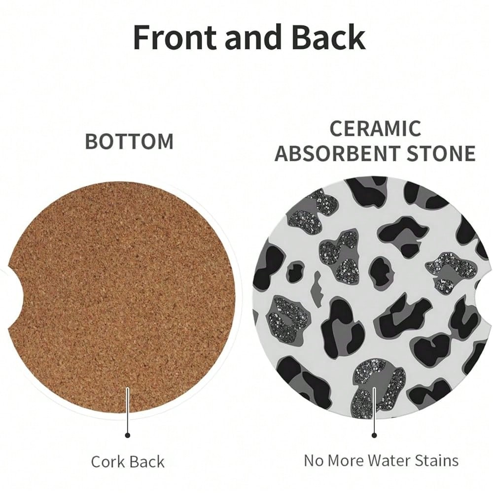NEW- Car Coasters For Cup Holders, 2 Pack Absorbent Ceramics Anti Slip Universal 2.56 Inch Car Cup Coaster For Women Men, Car Interior Accessories- Grey Leopard Cheetah Print