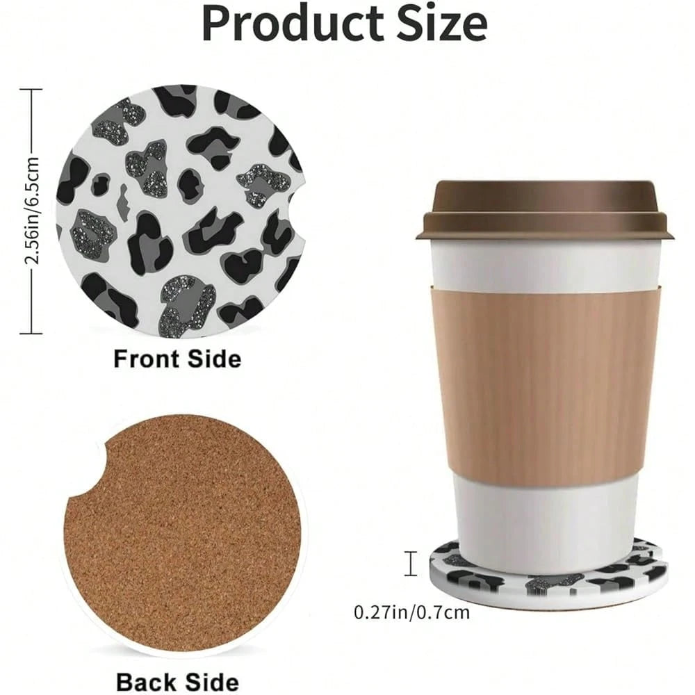 NEW- Car Coasters For Cup Holders, 2 Pack Absorbent Ceramics Anti Slip Universal 2.56 Inch Car Cup Coaster For Women Men, Car Interior Accessories- Grey Leopard Cheetah Print