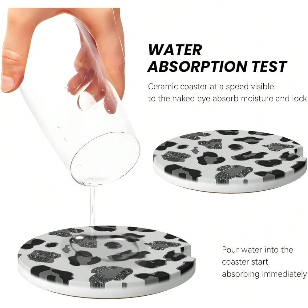 NEW- Car Coasters For Cup Holders, 2 Pack Absorbent Ceramics Anti Slip Universal 2.56 Inch Car Cup Coaster For Women Men, Car Interior Accessories- Grey Leopard Cheetah Print