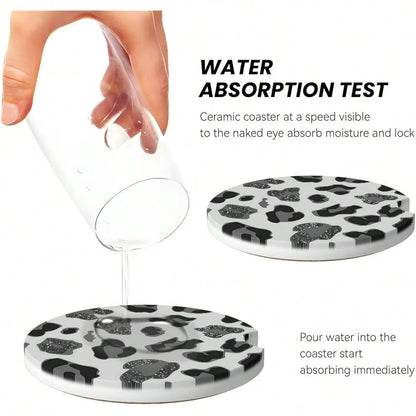 NEW- Car Coasters For Cup Holders, 2 Pack Absorbent Ceramics Anti Slip Universal 2.56 Inch Car Cup Coaster For Women Men, Car Interior Accessories- Grey Leopard Cheetah Print