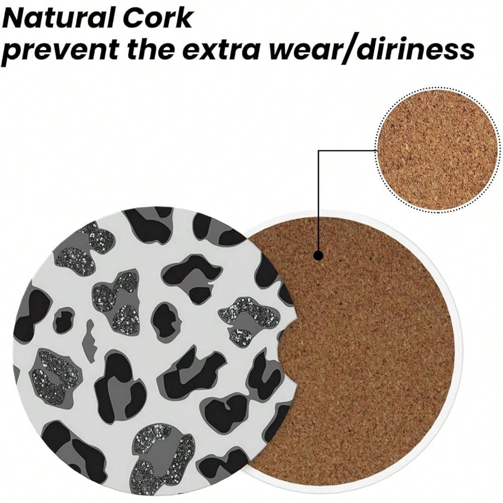 NEW- Car Coasters For Cup Holders, 2 Pack Absorbent Ceramics Anti Slip Universal 2.56 Inch Car Cup Coaster For Women Men, Car Interior Accessories- Grey Leopard Cheetah Print