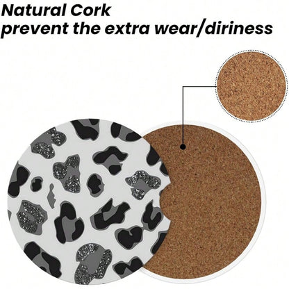 NEW- Car Coasters For Cup Holders, 2 Pack Absorbent Ceramics Anti Slip Universal 2.56 Inch Car Cup Coaster For Women Men, Car Interior Accessories- Grey Leopard Cheetah Print