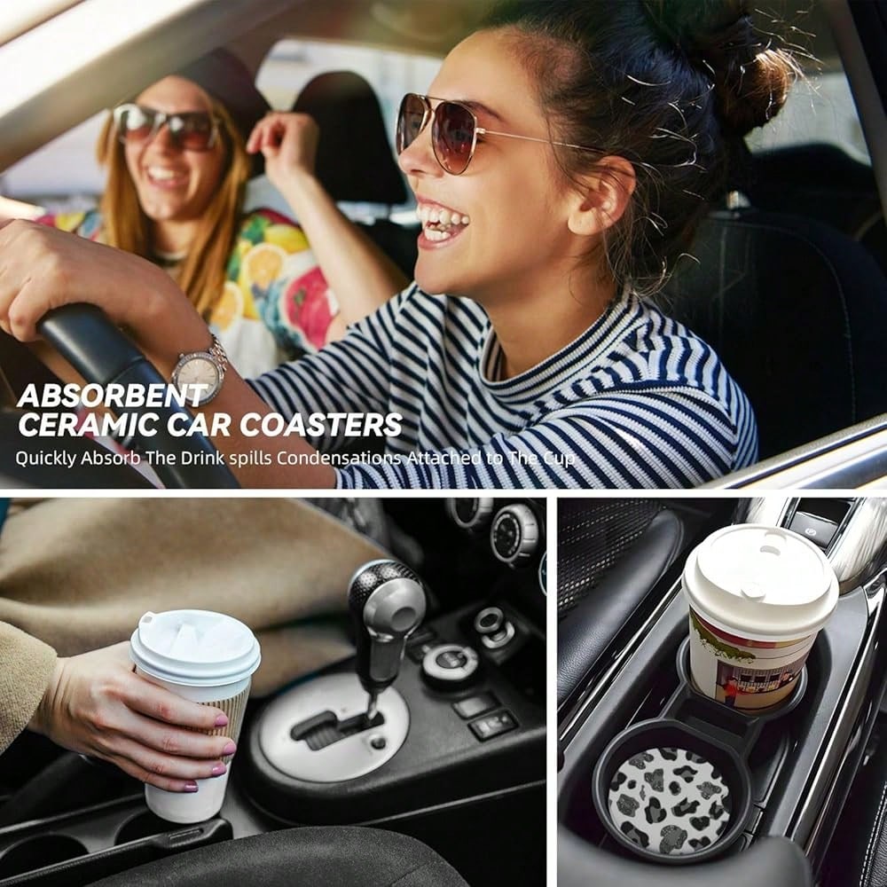 NEW- Car Coasters For Cup Holders, 2 Pack Absorbent Ceramics Anti Slip Universal 2.56 Inch Car Cup Coaster For Women Men, Car Interior Accessories- Grey Leopard Cheetah Print