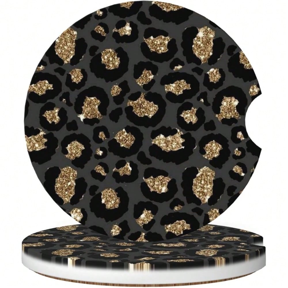 NEW- Car Coasters For Cup Holders, 2 Pack Absorbent Ceramics Anti Slip Universal 2.56 Inch Car Cup Coaster For Women Men, Car Interior Accessories- Grey Leopard Cheetah Print