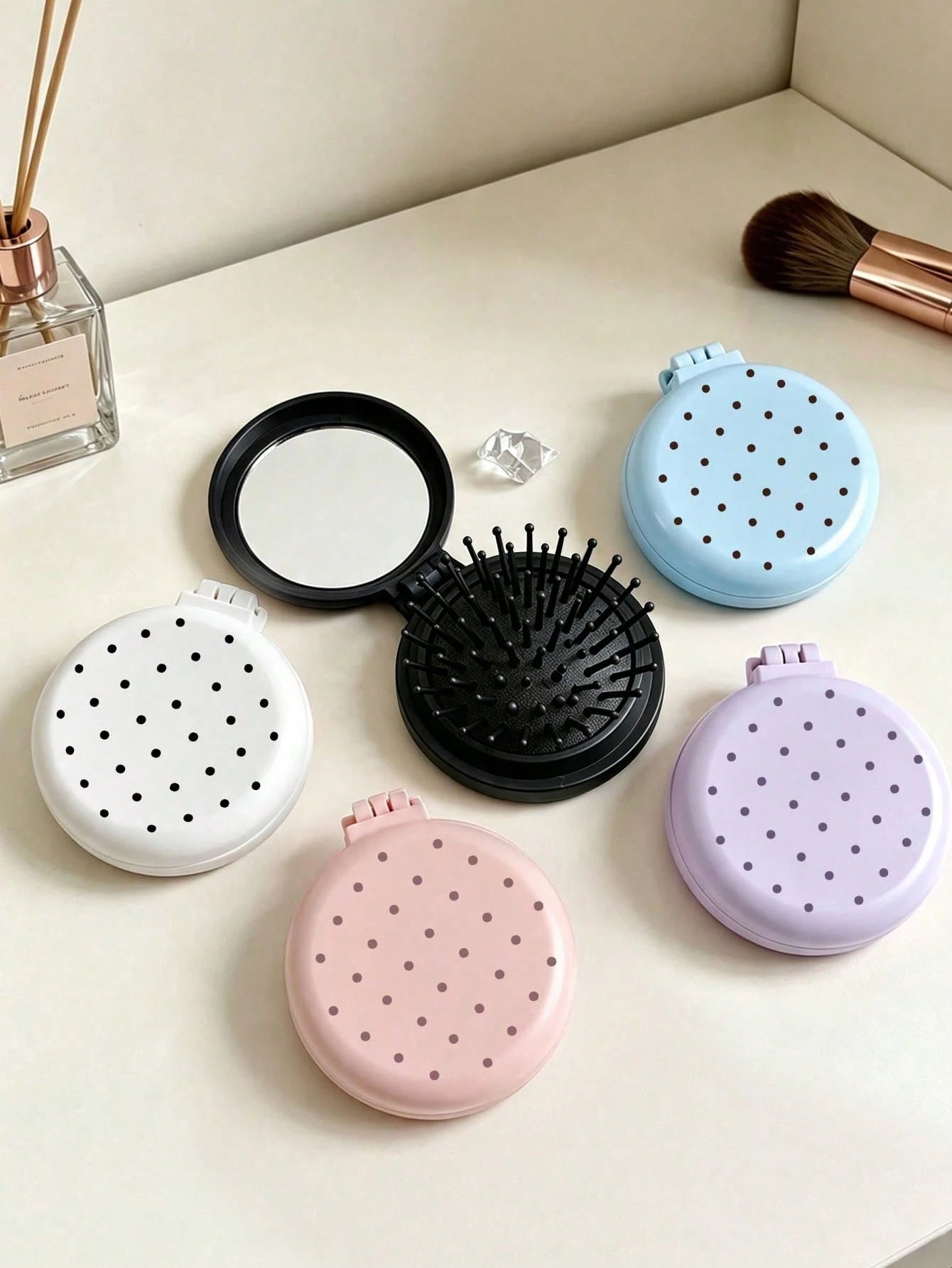 New Colorful Polka Dot Round Folding Comb With Mirror, Portable Compact 2-In-1 Makeup Mirror Comb, Pink/Blue/White/Purple/Black, Decorated With Polka Dot Pattern, Women's Mini Foldable Air Cushion Mas