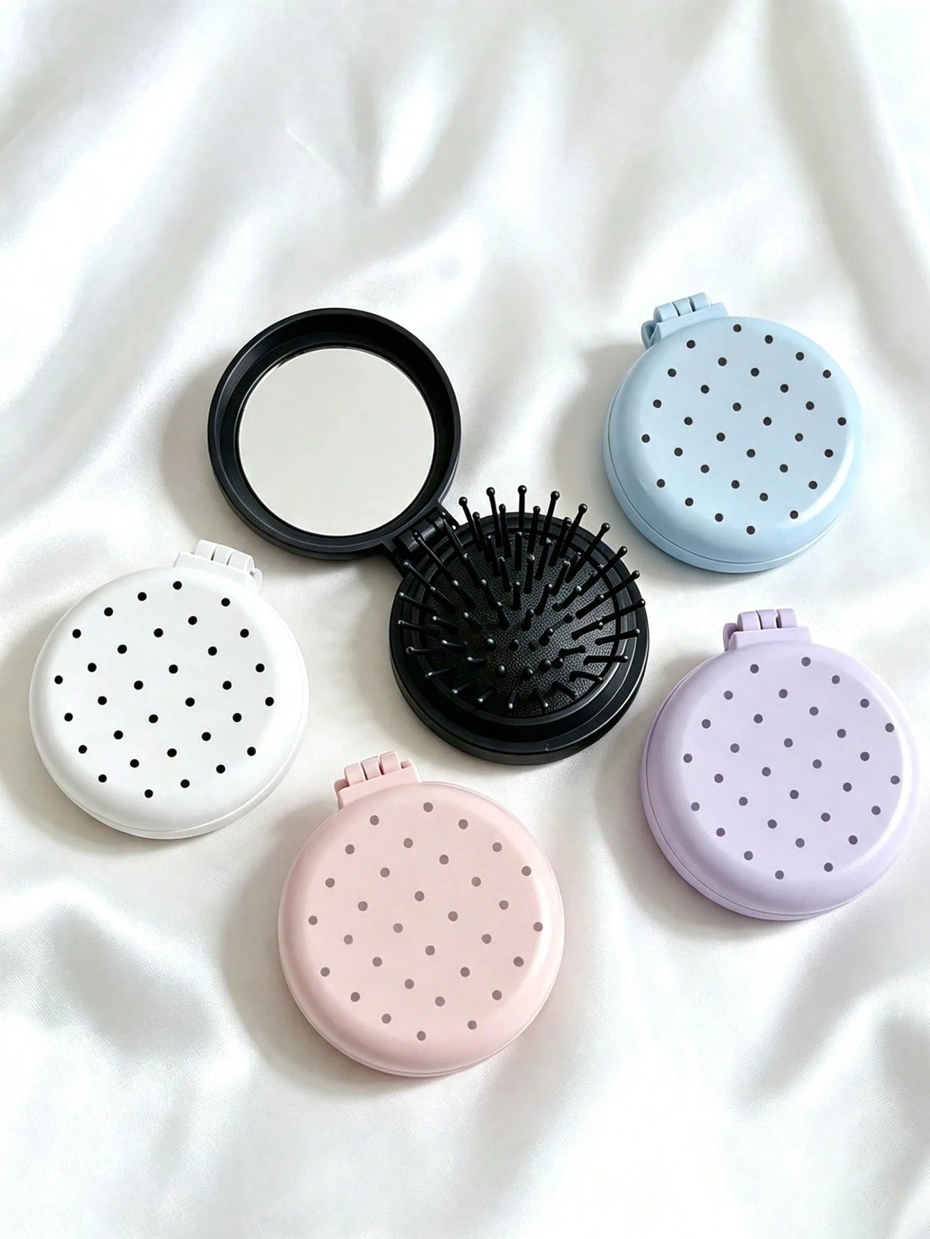 New Colorful Polka Dot Round Folding Comb With Mirror, Portable Compact 2-In-1 Makeup Mirror Comb, Pink/Blue/White/Purple/Black, Decorated With Polka Dot Pattern, Women's Mini Foldable Air Cushion Mas