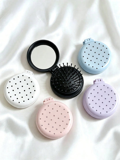 New Colorful Polka Dot Round Folding Comb With Mirror, Portable Compact 2-In-1 Makeup Mirror Comb, Pink/Blue/White/Purple/Black, Decorated With Polka Dot Pattern, Women's Mini Foldable Air Cushion Mas