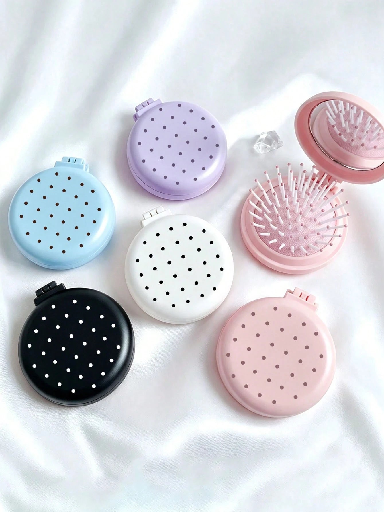 New Colorful Polka Dot Round Folding Comb With Mirror, Portable Compact 2-In-1 Makeup Mirror Comb, Pink/Blue/White/Purple/Black, Decorated With Polka Dot Pattern, Women's Mini Foldable Air Cushion Mas