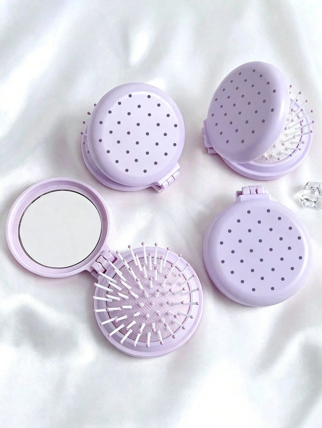 New Colorful Polka Dot Round Folding Comb With Mirror, Portable Compact 2-In-1 Makeup Mirror Comb, Pink/Blue/White/Purple/Black, Decorated With Polka Dot Pattern, Women's Mini Foldable Air Cushion Mas