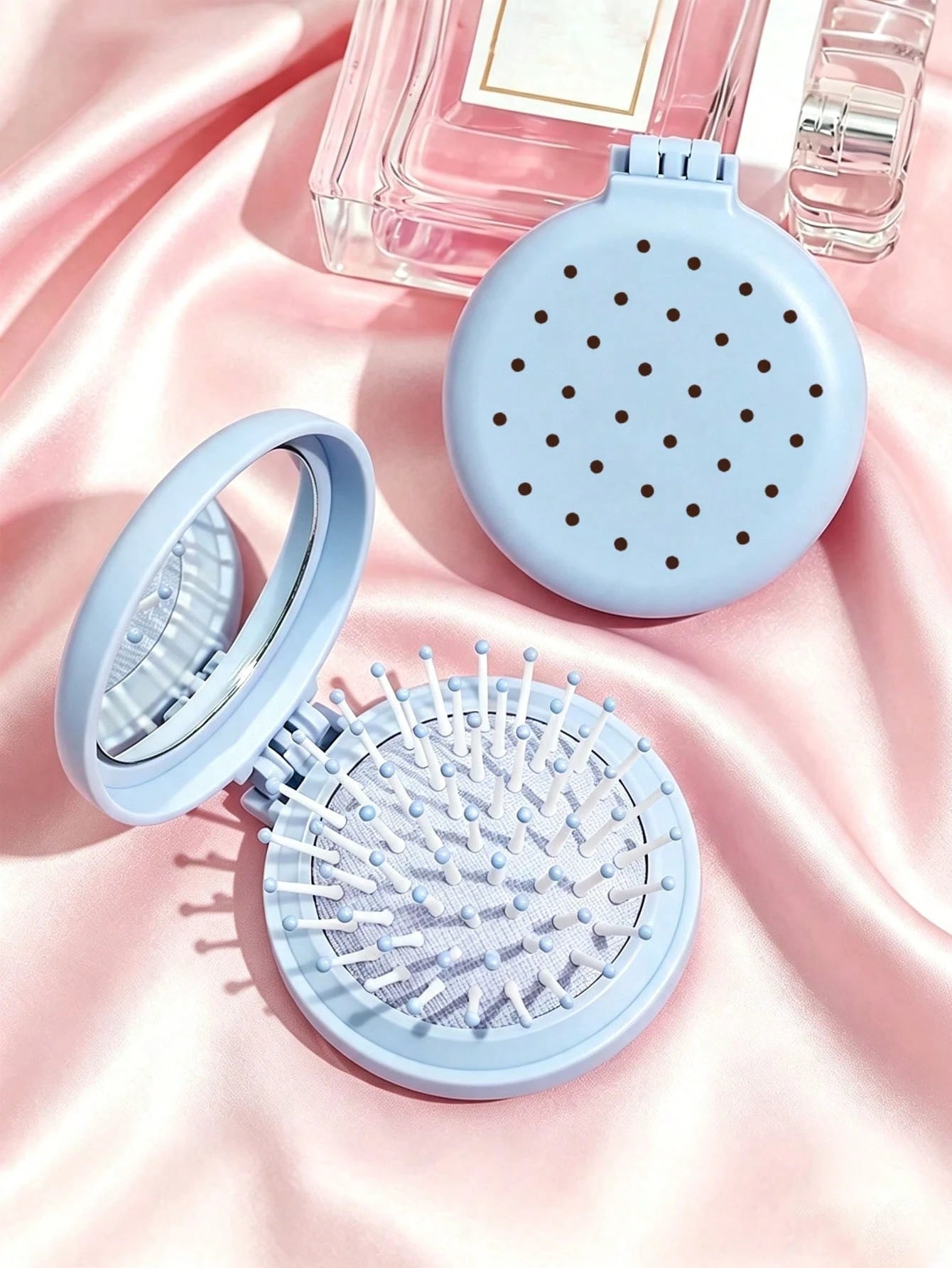New Colorful Polka Dot Round Folding Comb With Mirror, Portable Compact 2-In-1 Makeup Mirror Comb, Pink/Blue/White/Purple/Black, Decorated With Polka Dot Pattern, Women's Mini Foldable Air Cushion Mas