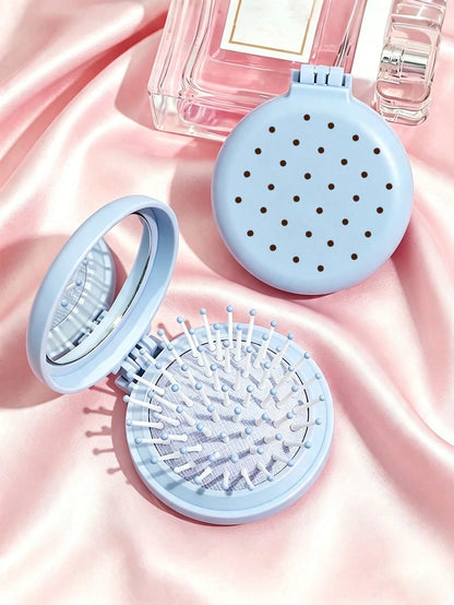 New Colorful Polka Dot Round Folding Comb With Mirror, Portable Compact 2-In-1 Makeup Mirror Comb, Pink/Blue/White/Purple/Black, Decorated With Polka Dot Pattern, Women's Mini Foldable Air Cushion Mas
