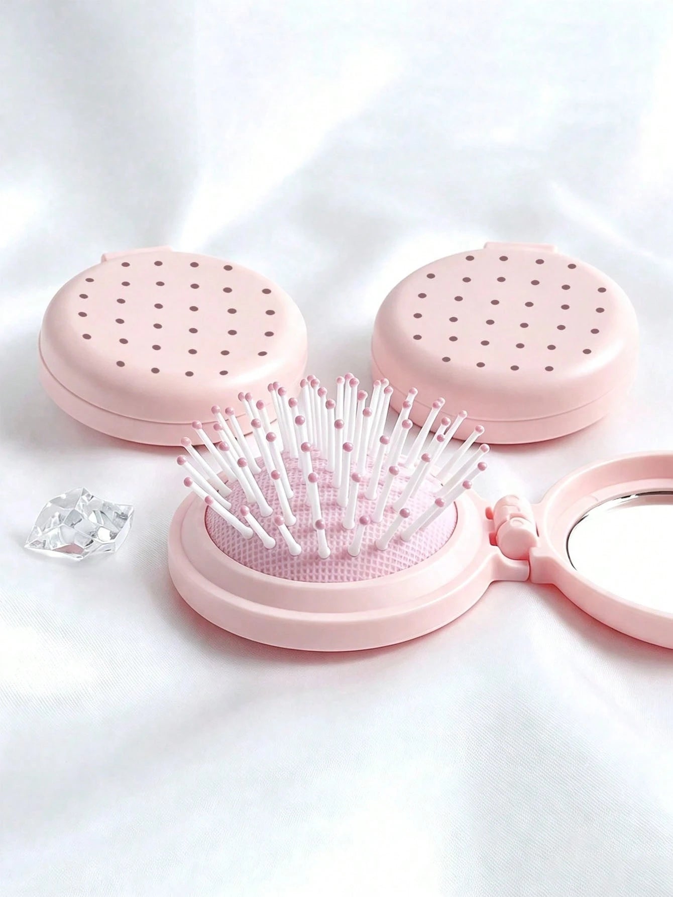 New Colorful Polka Dot Round Folding Comb With Mirror, Portable Compact 2-In-1 Makeup Mirror Comb, Pink/Blue/White/Purple/Black, Decorated With Polka Dot Pattern, Women's Mini Foldable Air Cushion Mas