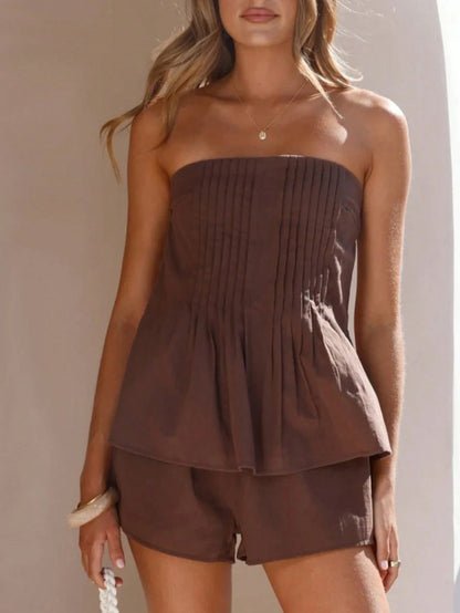 New Elegant Casual Solid Color Cropped Top With Pleats & Drawstring Waist Shorts, Suitable For Beach, Vacation, Daily Wear, Dates, Garden Summer Brown