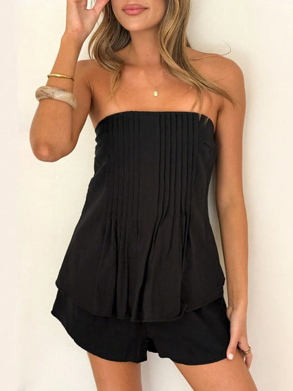 New Elegant Casual Solid Color Cropped Top With Pleats & Drawstring Waist Shorts, Suitable For Beach, Vacation, Daily Wear, Dates, Garden Summer Brown