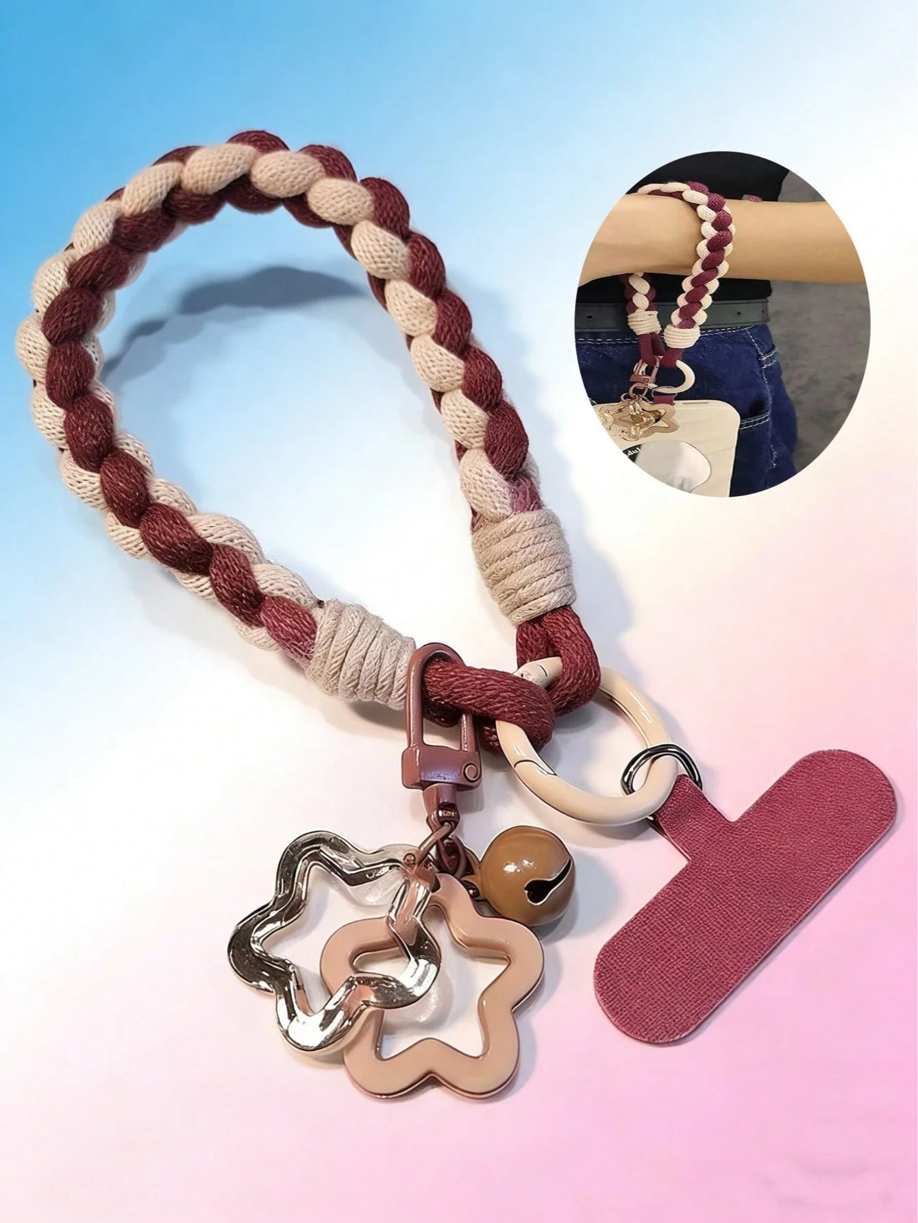 New Short Wine Red Mobile Phone Lanyard With Star Pendant, Fashionable Outdoor Chain, Key Case, Sturdy Lanyard For Women.