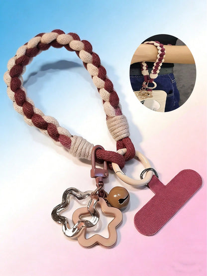 New Short Wine Red Mobile Phone Lanyard With Star Pendant, Fashionable Outdoor Chain, Key Case, Sturdy Lanyard For Women.