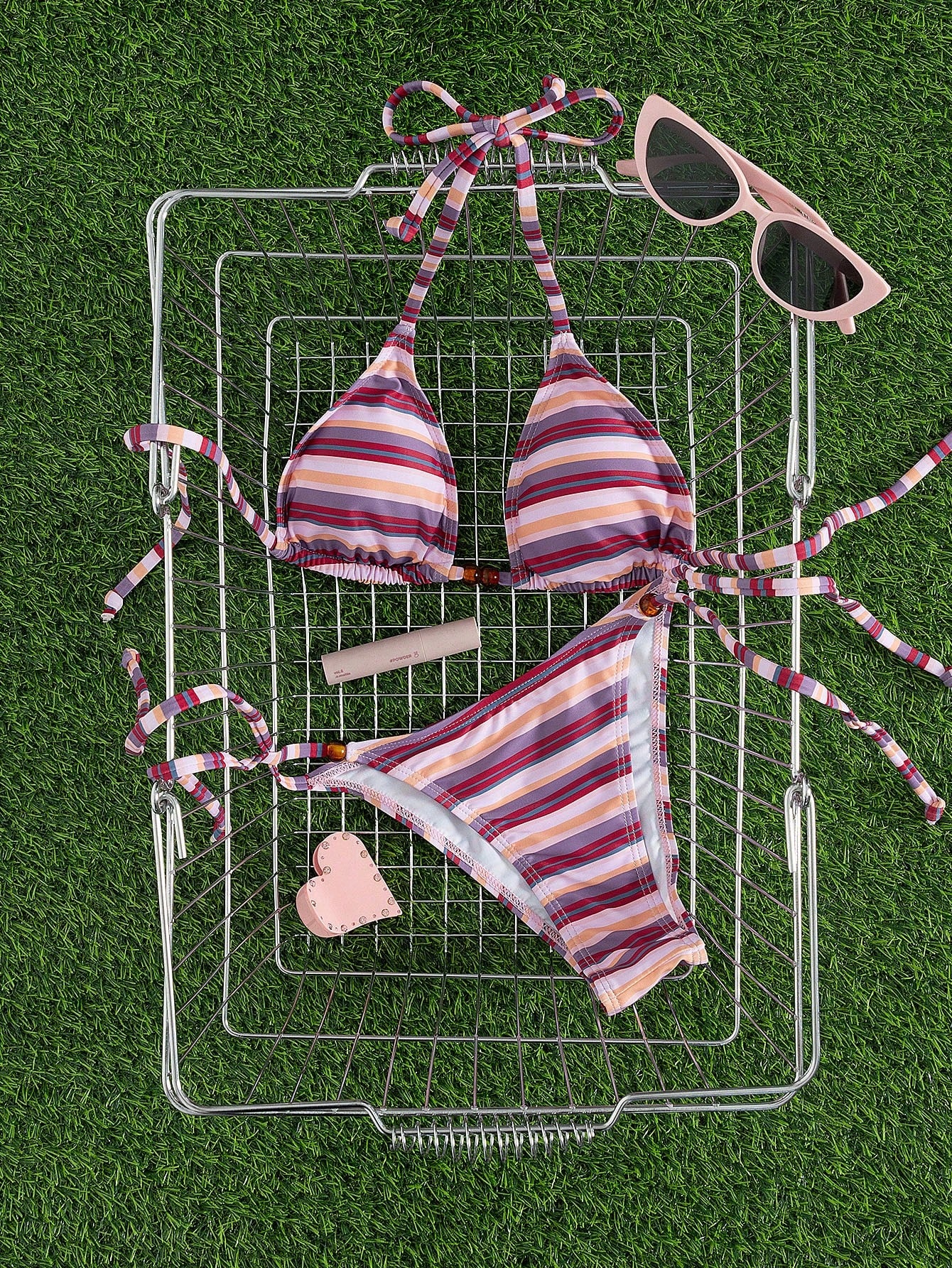 New Stylish Halter Neck Tie-Up Striped Bikini Set For Women, Includes Triangle Top And Bottom Vacation Beach Summer