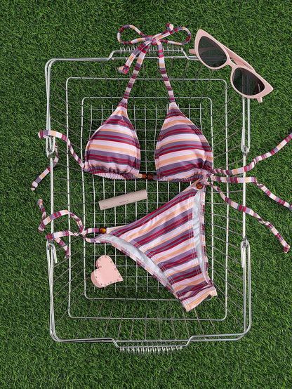 New Stylish Halter Neck Tie-Up Striped Bikini Set For Women, Includes Triangle Top And Bottom Vacation Beach Summer