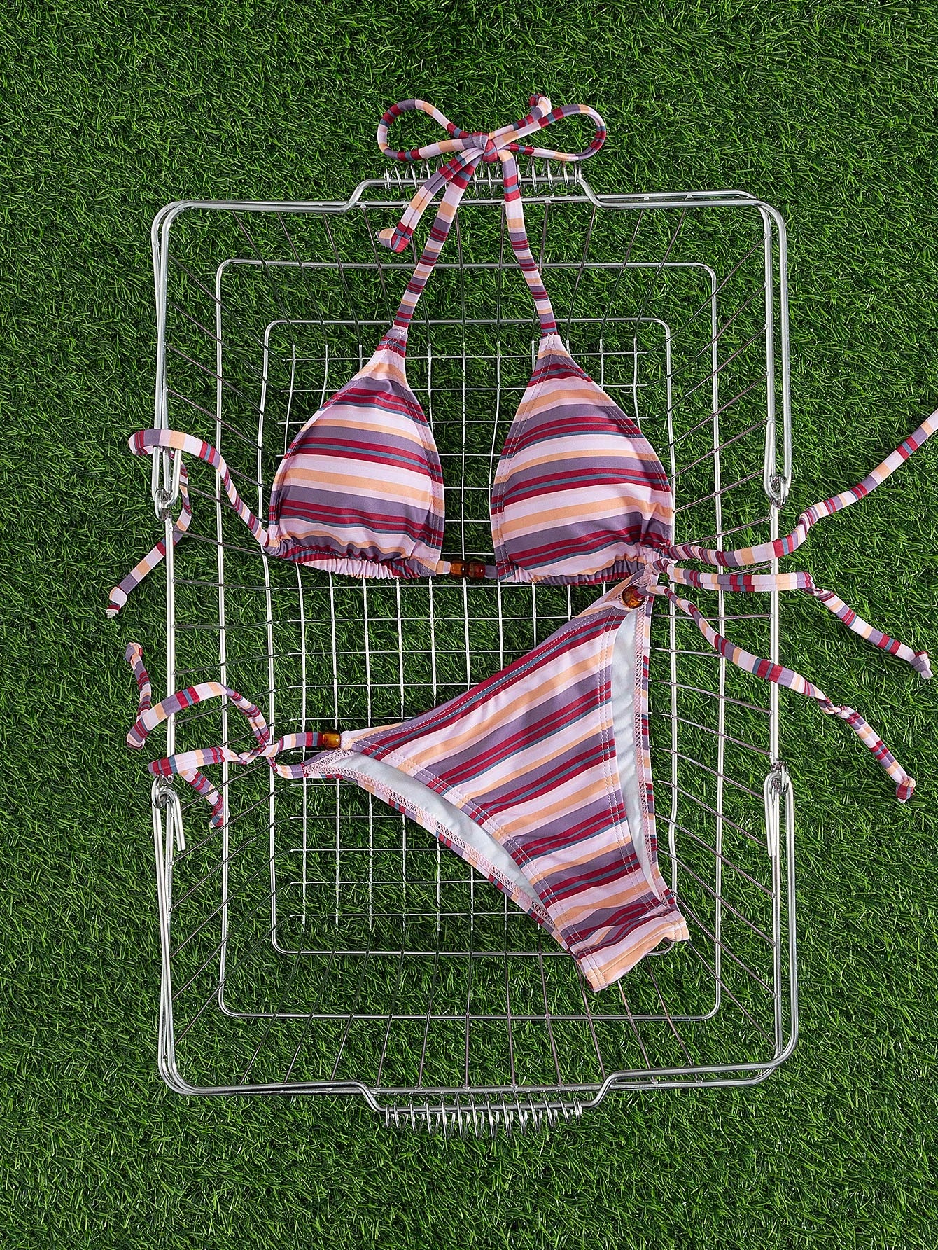New Stylish Halter Neck Tie-Up Striped Bikini Set For Women, Includes Triangle Top And Bottom Vacation Beach Summer