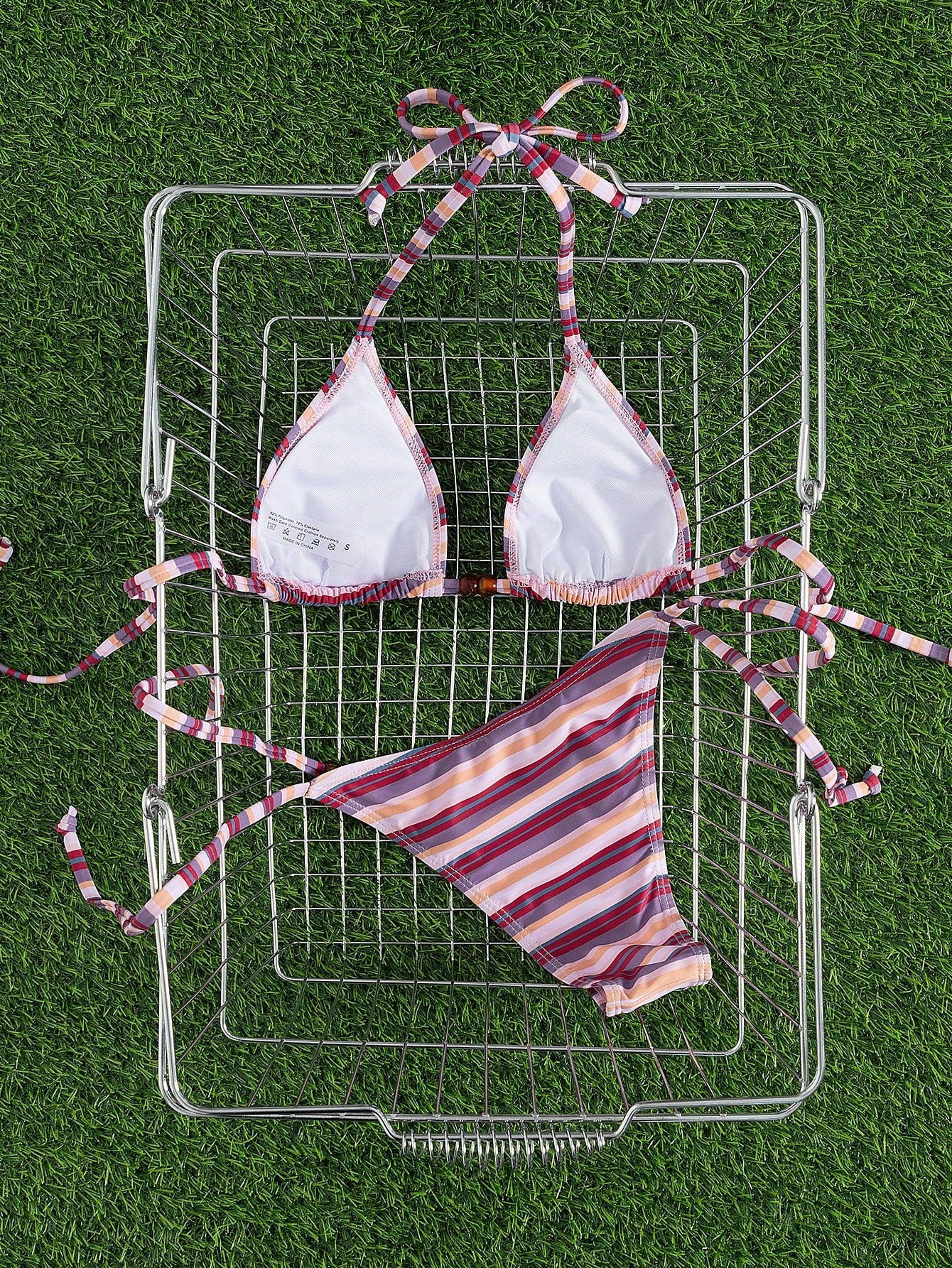 New Stylish Halter Neck Tie-Up Striped Bikini Set For Women, Includes Triangle Top And Bottom Vacation Beach Summer