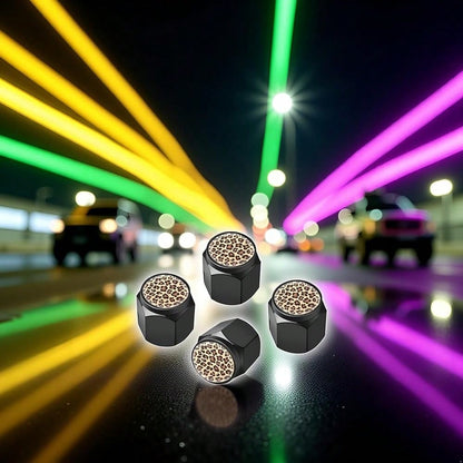 NEW- Tire Valve Stem Caps Cover,4 Pcs Metal Black Air Valve Cap, Aluminum Car Wheel Stem Caps,Universal Stem Covers For Cars,Trucks,Bikes,Motorcycles,Corrosion Resistant (Black Leopard Texture)