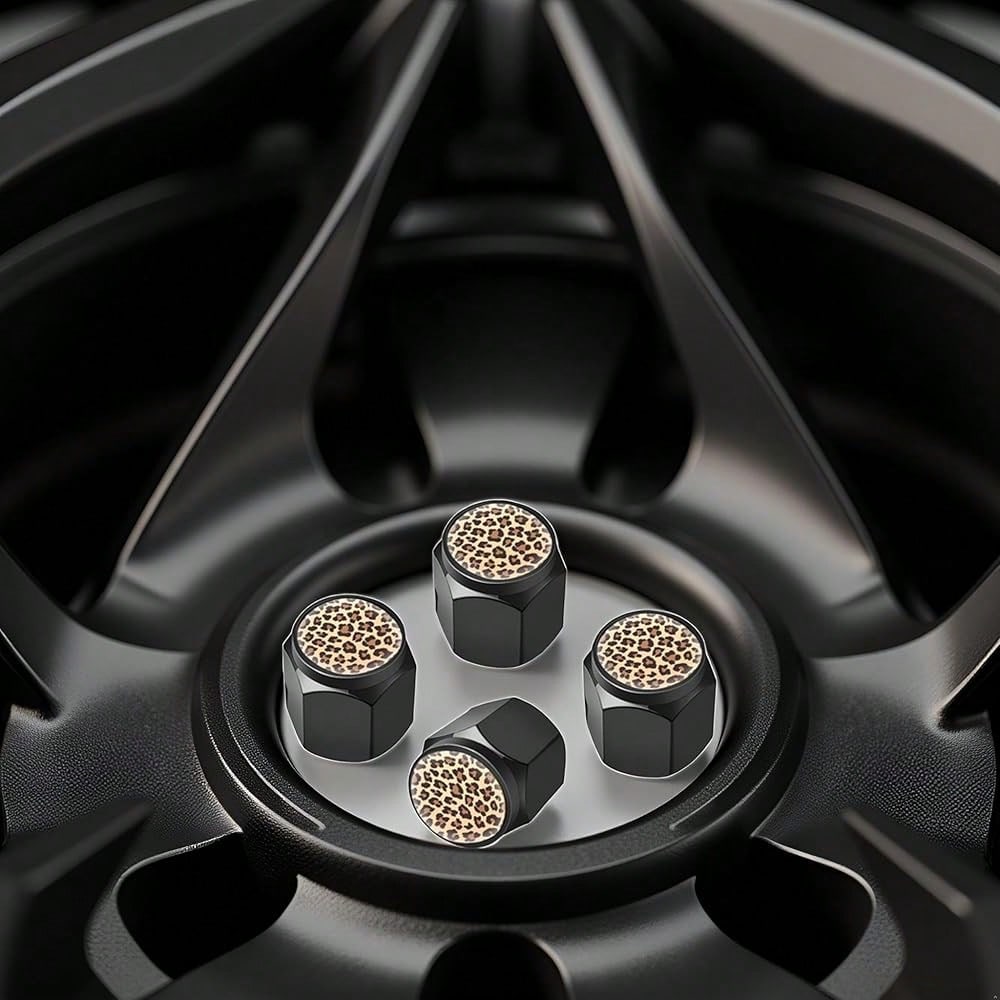 NEW- Tire Valve Stem Caps Cover,4 Pcs Metal Black Air Valve Cap, Aluminum Car Wheel Stem Caps,Universal Stem Covers For Cars,Trucks,Bikes,Motorcycles,Corrosion Resistant (Black Leopard Texture)