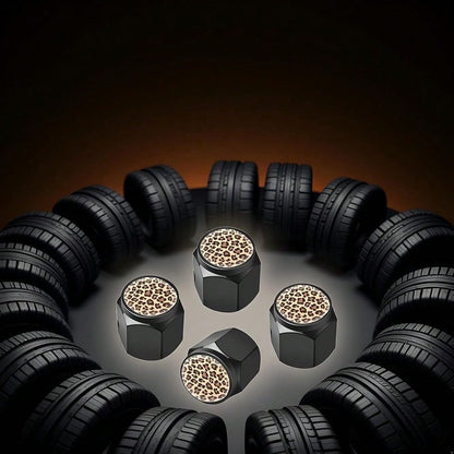 NEW- Tire Valve Stem Caps Cover,4 Pcs Metal Black Air Valve Cap, Aluminum Car Wheel Stem Caps,Universal Stem Covers For Cars,Trucks,Bikes,Motorcycles,Corrosion Resistant (Black Leopard Texture)