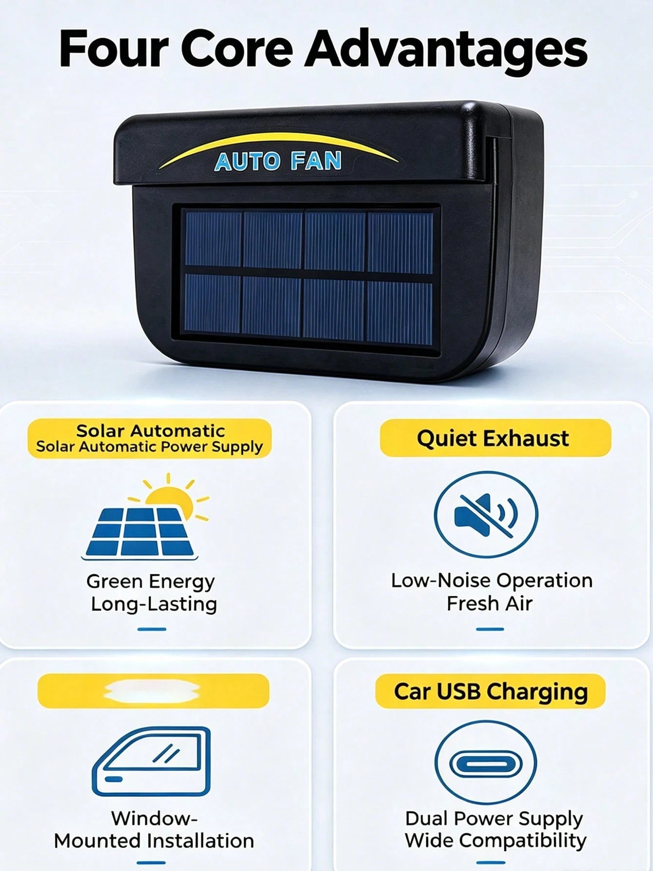 New Upgraded USB Solar Powered Car Window Exhaust Fan, Automatic Ventilation Cooling Fan System For Car Window Windshield, Air Circulation, Suitable For Universal Car Models (USB Powered Or Solar Powe
