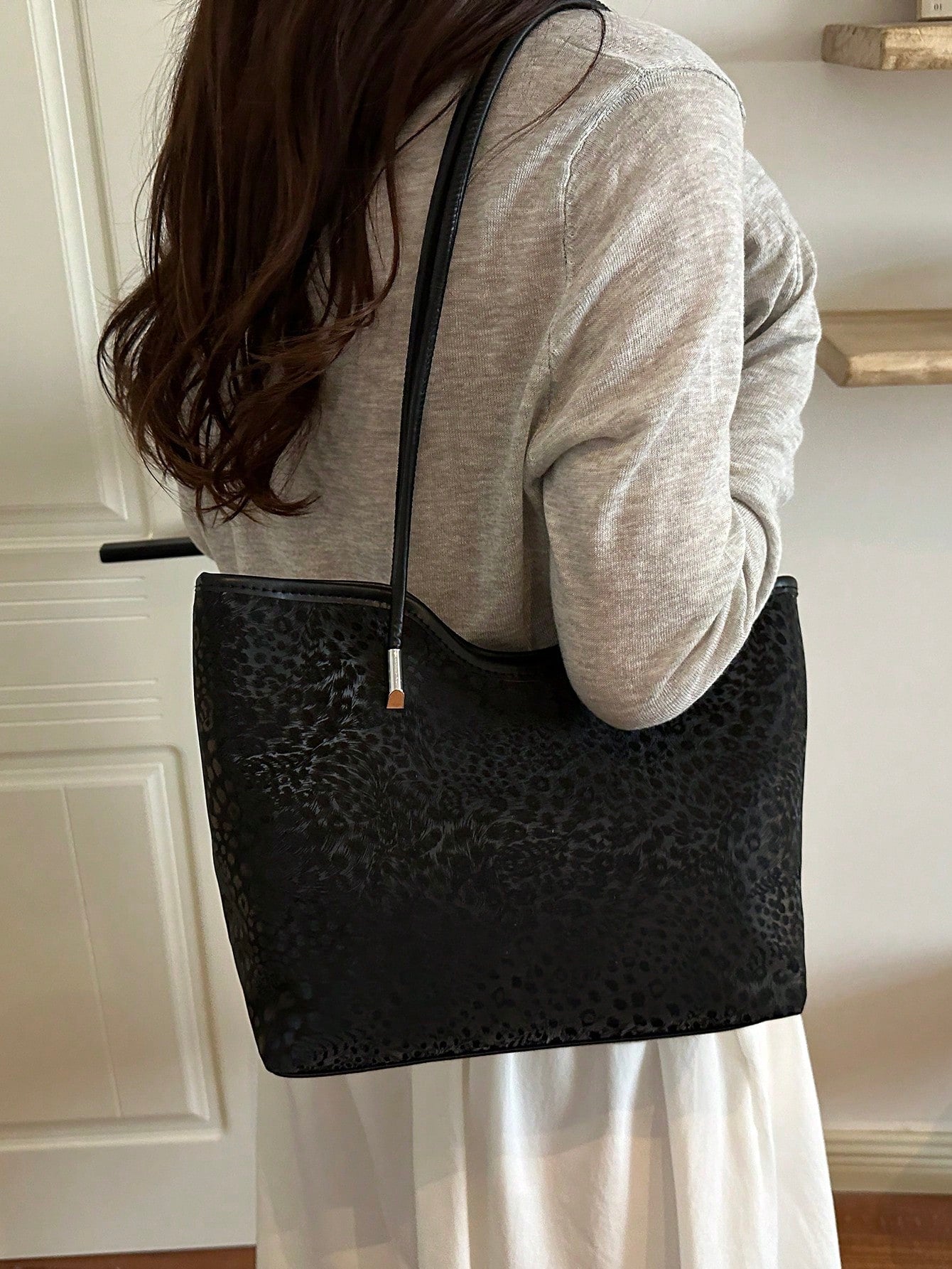New Vintage Fashion Leopard Print Tote Bag, Zipper Closure, Lightweight Minimalist, Large Capacity Textured Shoulder Bag, Suitable For Women's Daily Life, Casual, Commute, Work, Vacation And Student U