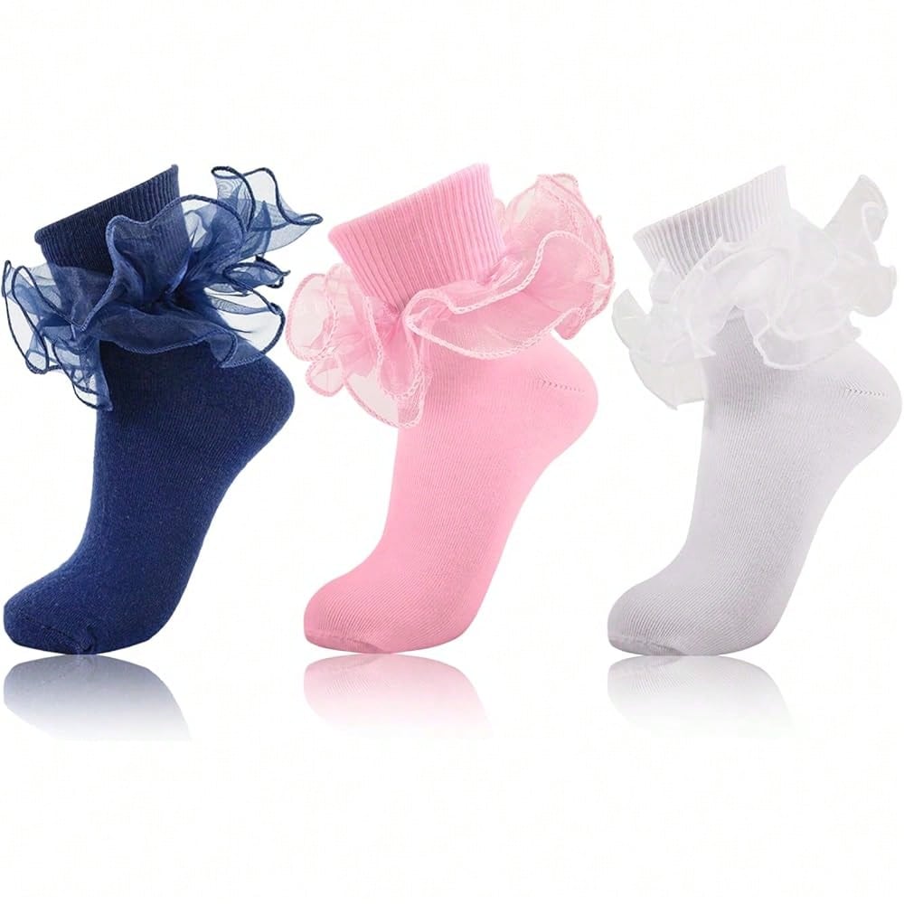 NEW- Women Big Ruffle Ankle Socks,Adult Double Lace Turn Cuff Cotton Frilly Dress Socks Cute Bobby Sock