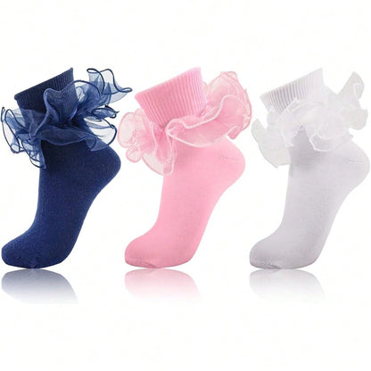NEW- Women Big Ruffle Ankle Socks,Adult Double Lace Turn Cuff Cotton Frilly Dress Socks Cute Bobby Sock