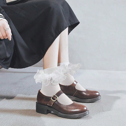 NEW- Women Big Ruffle Ankle Socks,Adult Double Lace Turn Cuff Cotton Frilly Dress Socks Cute Bobby Sock