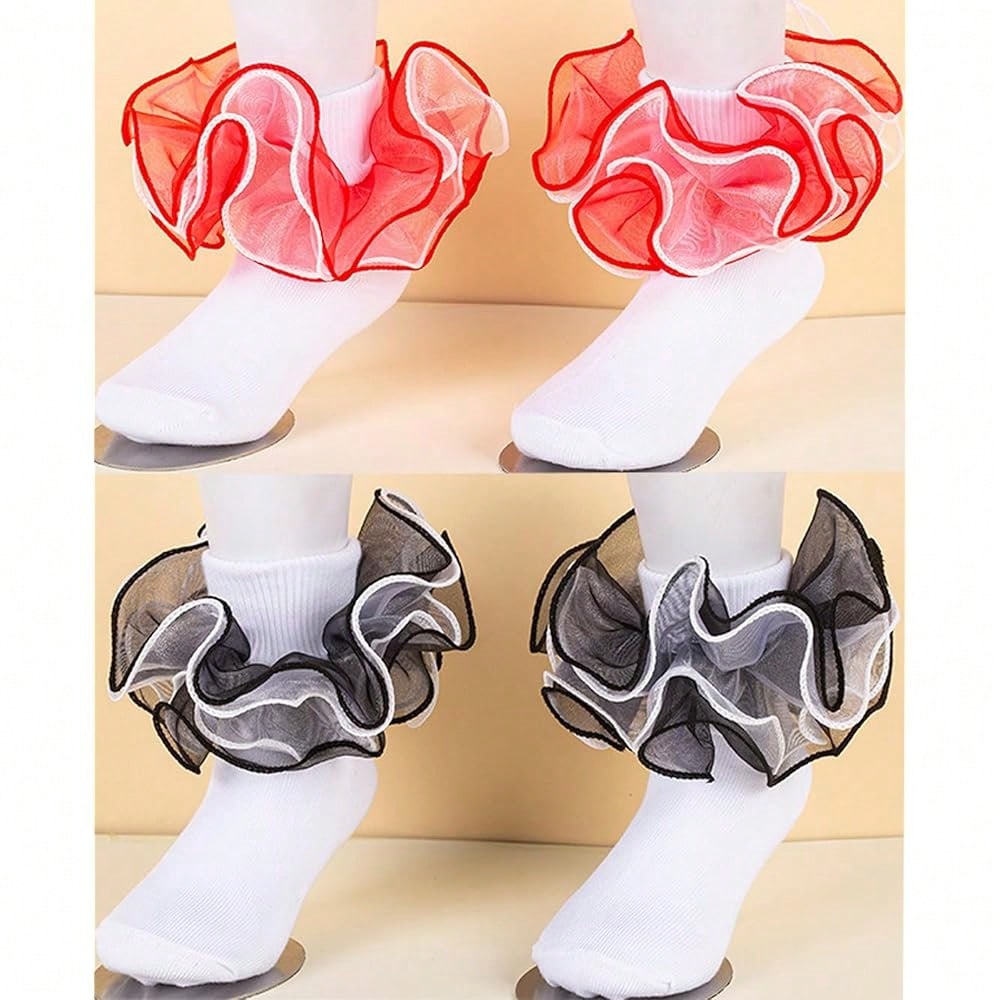 NEW- Women Big Ruffle Ankle Socks,Double Lace Turn Cuff Lightweight Cotton Frilly Dress Cute Girl Sock With Ruffles,#W101