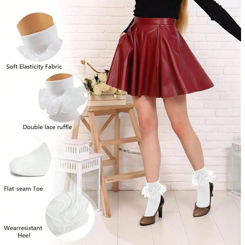 NEW- Women Big Ruffle Ankle Socks,Adult Double Lace Turn Cuff Cotton Frilly Dress Socks Cute Bobby Sock