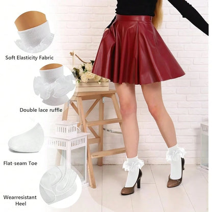 NEW- Women Big Ruffle Ankle Socks,Adult Double Lace Turn Cuff Cotton Frilly Dress Socks Cute Bobby Sock