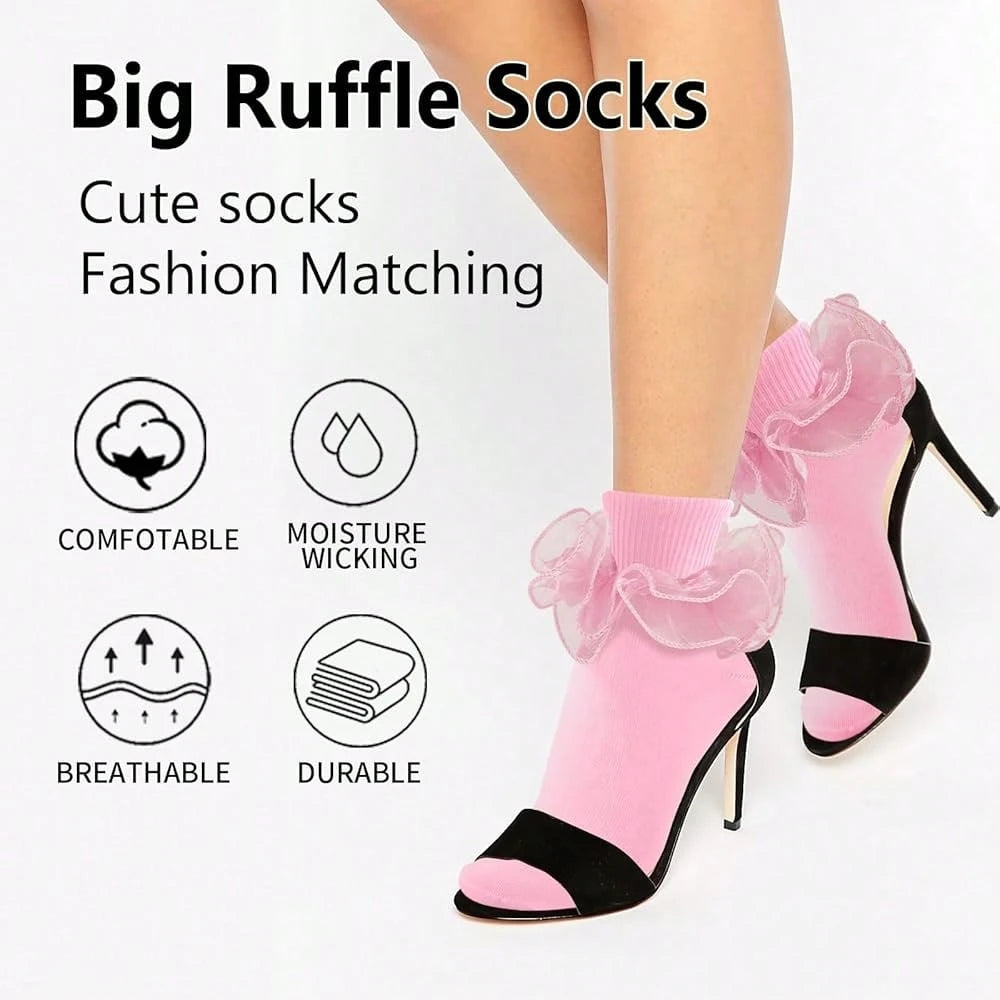 NEW- Women Big Ruffle Ankle Socks,Adult Double Lace Turn Cuff Cotton Frilly Dress Socks Cute Bobby Sock